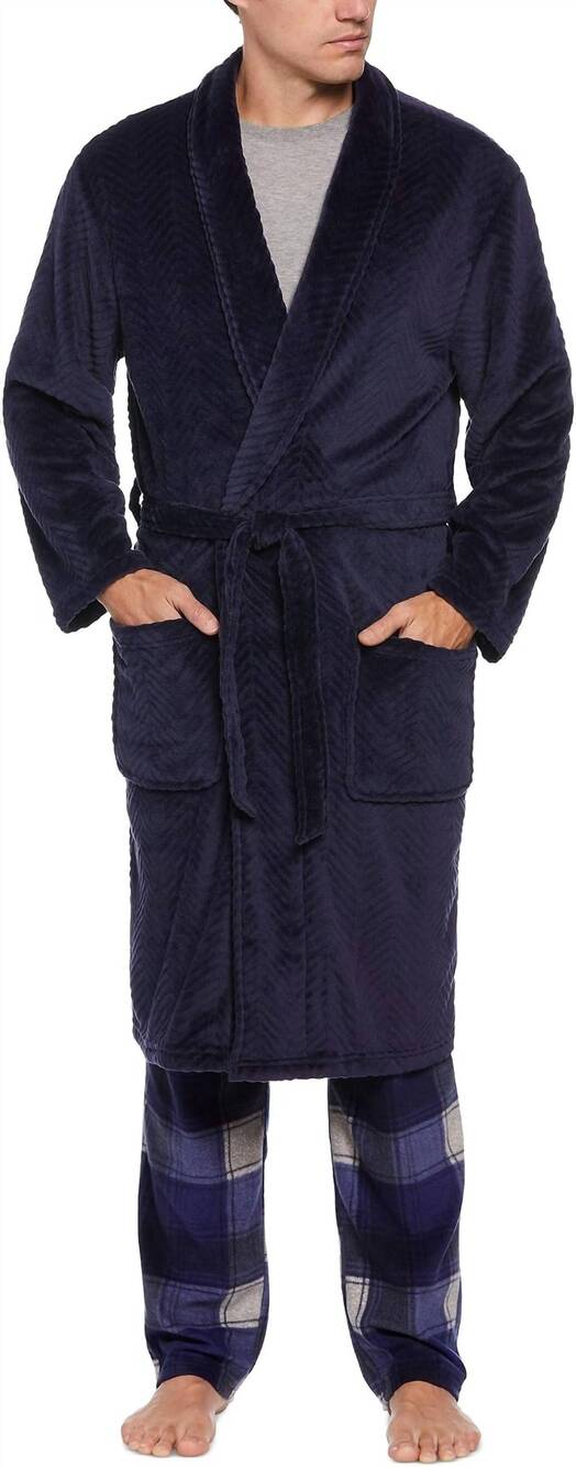 NEW PERRY ELLIS portfolio herringbone textured robe in peacoat